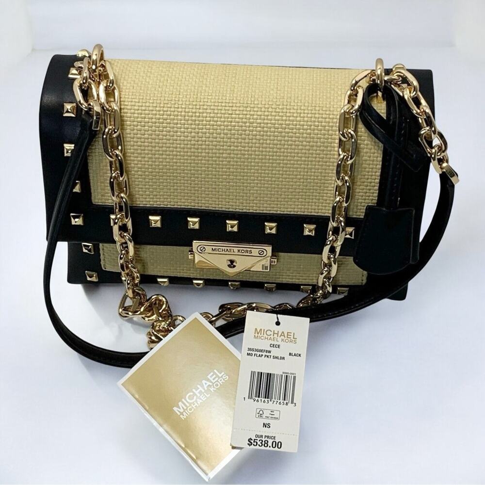 Michael Kors Cece Flap Shoulder Bag Studded Beige Black Chain Leather Strap NWT